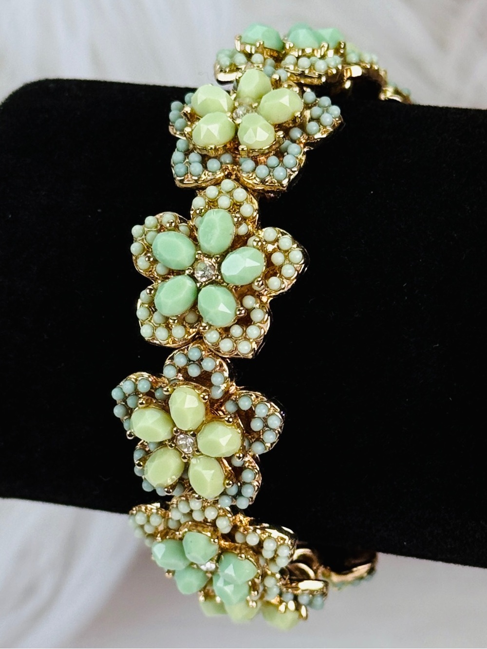 Vintage Goldtone and Green Floral Stretch Bracelet